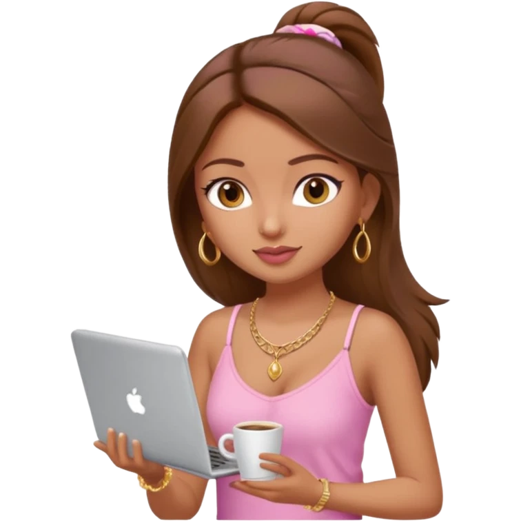 a pretty fair indian bratz girl with brown hair. with a pink cami top, drinking takeaway brown coffee, golden dainty necklace and carrying a white laptop emoji