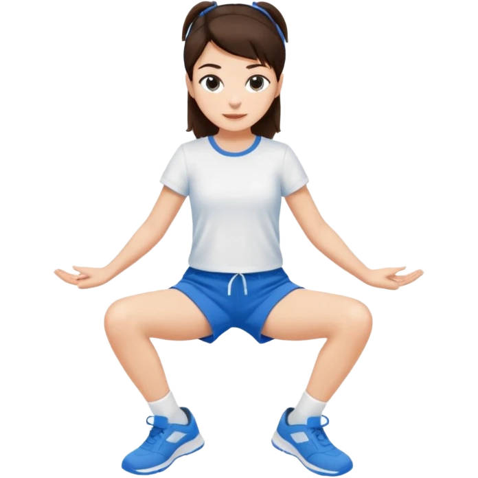 A brunette in blue shorts and a white T-shirt is sitting in a front split. emoji