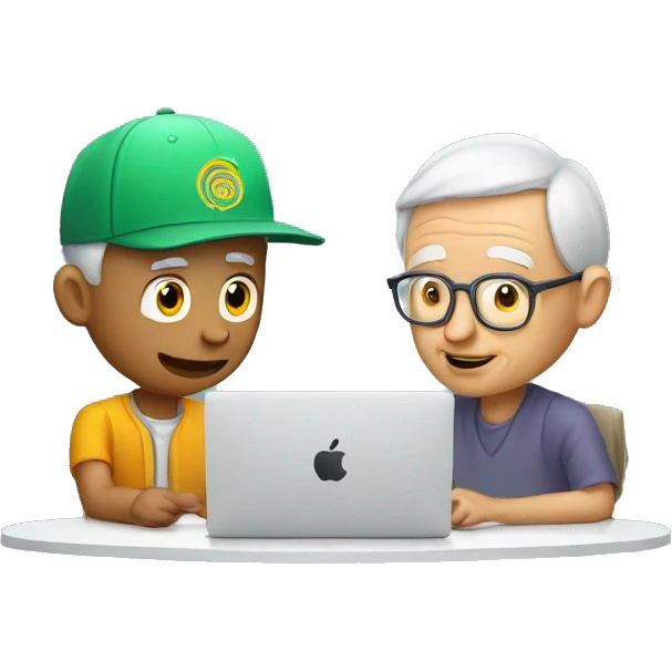 Young man with SnapBack hat helping old man to use artificial intelligence on a MacBook  computer emoji