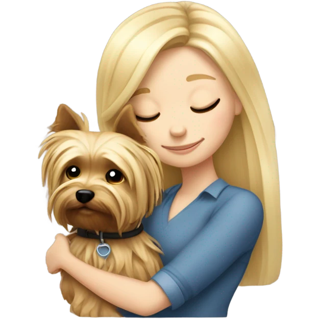 White girl blonde hair closed eyes hugging Yorkshire terrier  emoji