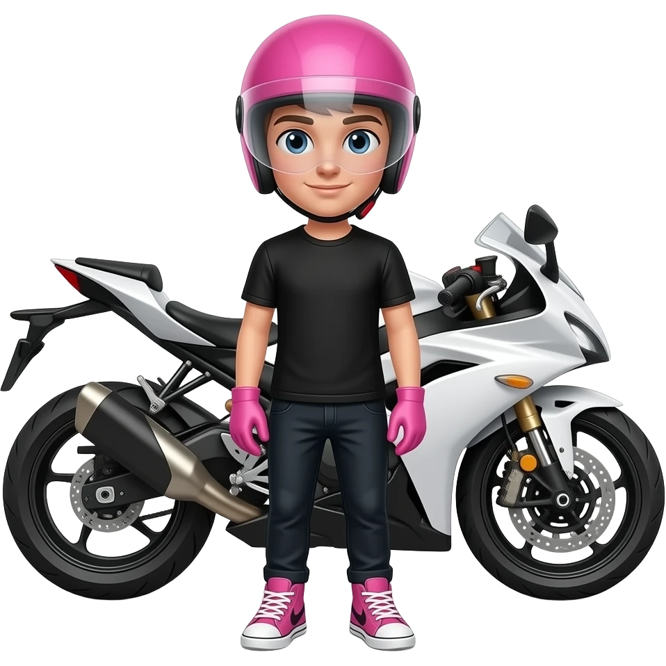 a young man with black clothes wearing pink sneaker and pink gloves, he also wears a pink helmet with an  unvisible vision, he stands in front of a black white motorcycle emoji
