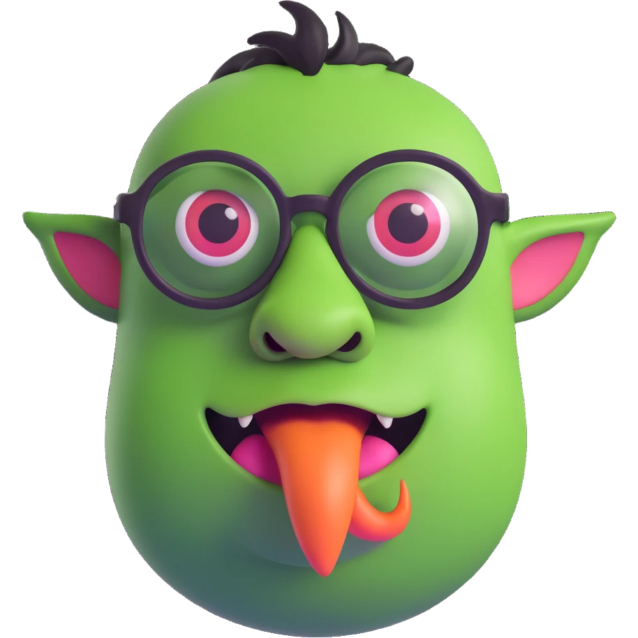 monster with a big nose and black glasses, tongue out emoji