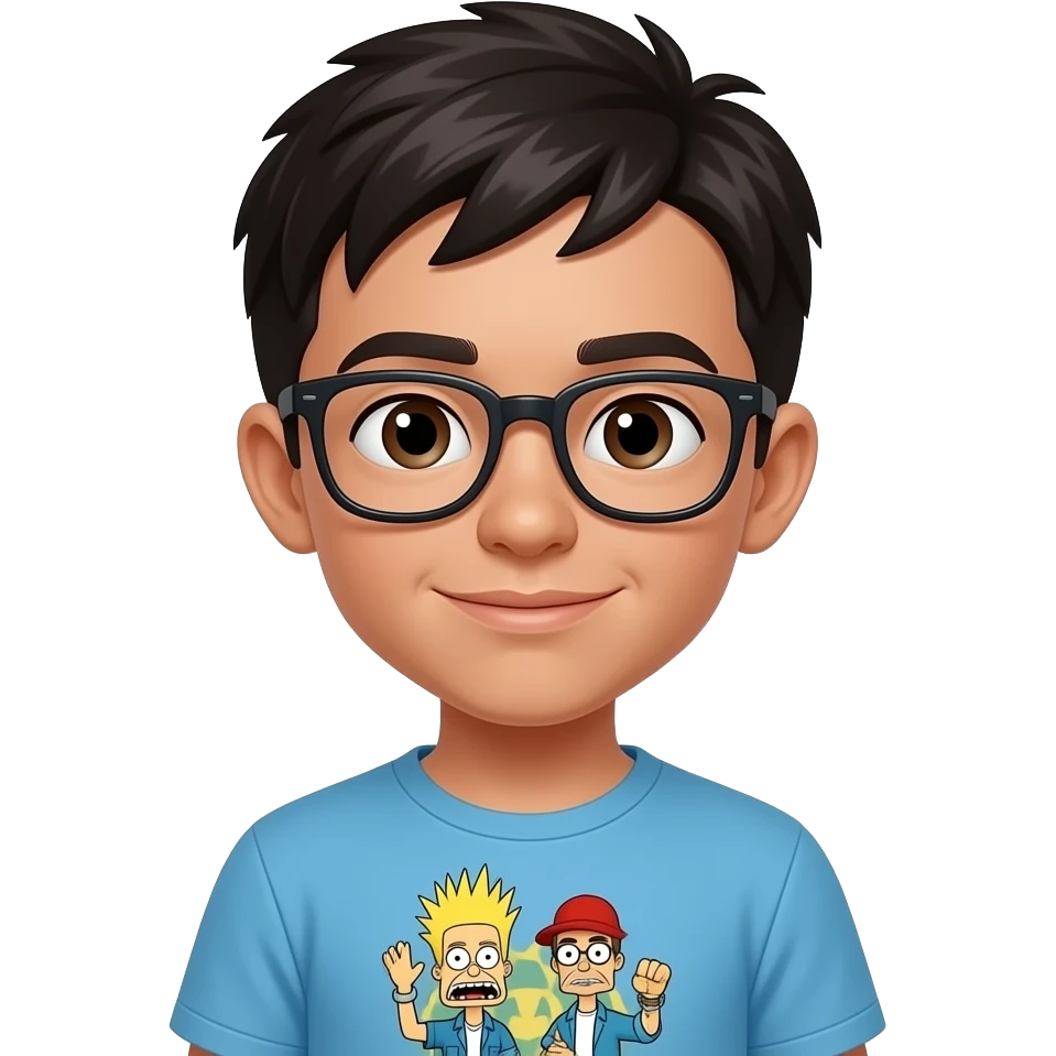 Not an adult a kid like eleven years and his shirt is beavis and butt head and his skin light brown and hair color black and glasses emoji
