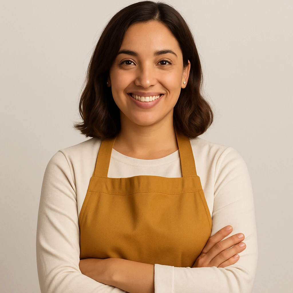 teacher with medium brown hair and brown eyes, wearing a mustard-colored apron, clean friendly style emoji