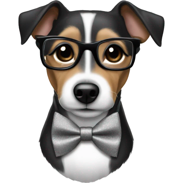 black and grey jack russell terrier with bow tie and eyeglasses emoji