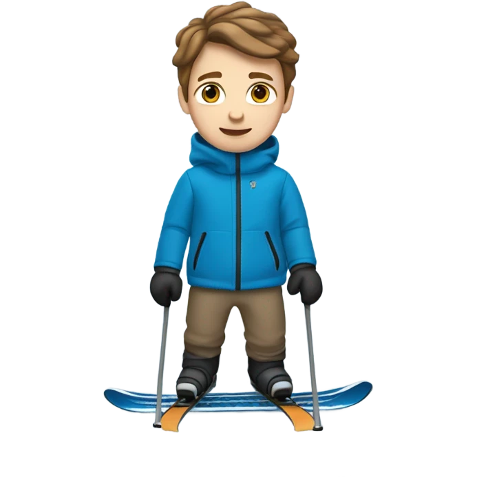 White boy with brown hair skiing on blue skis. Wearing a light gray coat. And a pair of black snow pants.  emoji