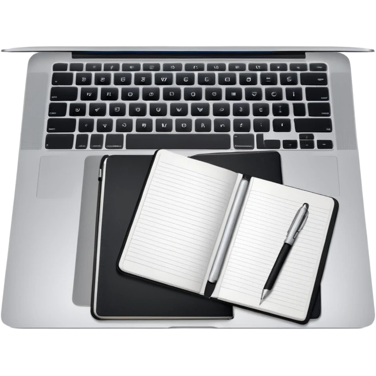 top view of a MacBook and a notebook with a pen nearby, different arrangement emoji