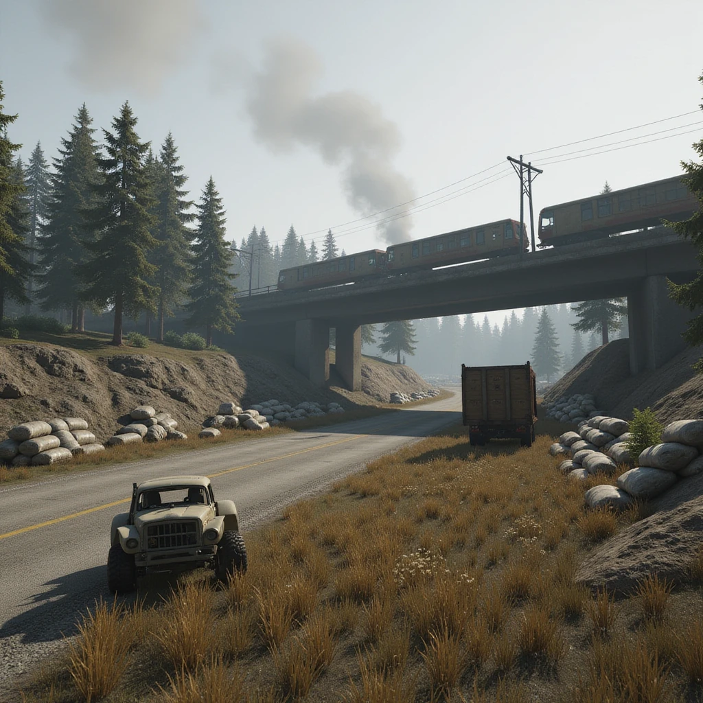  a screenshot of a location in a videogame  the image of the scene consists of:  [above-ground train freeway partially collapsed], a wooded area, a small field of wheat, sandbag barricades. distant smoke. uneven terrain, derelict vintage work trucks, more distant smoke. polluted and war-torn emoji