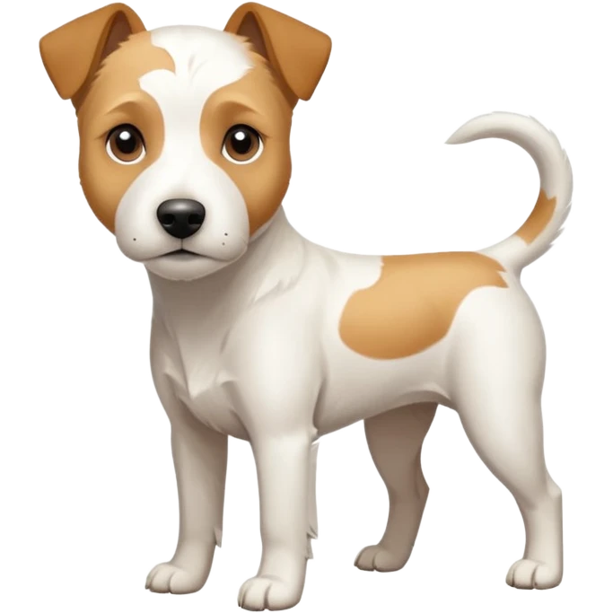 a full body facing front on of a buff white parson russell terrier looking dog the size of a kelpie with light brown long ears resting on its face and a light brown patch above one eye and a large snout. the rest of the dog is completely white.  emoji