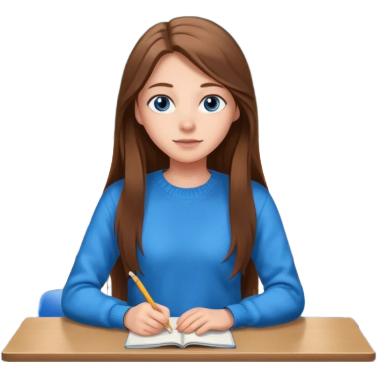 high school class room with a pretty female high school student with long brown hair, blue eyes emoji