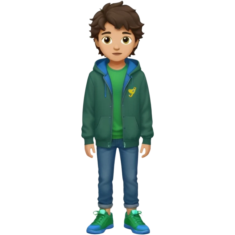 a 14 year old slightly tanned teenage boy with dark brown tousled wavy hair, wearing a green tshirt, with a dark green hoodie overcoat with blue jeans and green shoes emoji