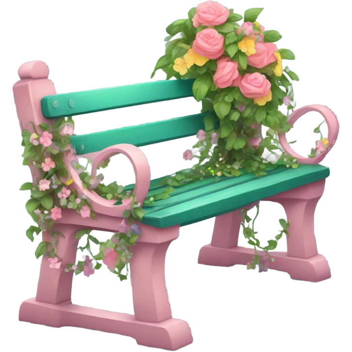 Pink garden bench wrapped in flower, vines, & lights  emoji