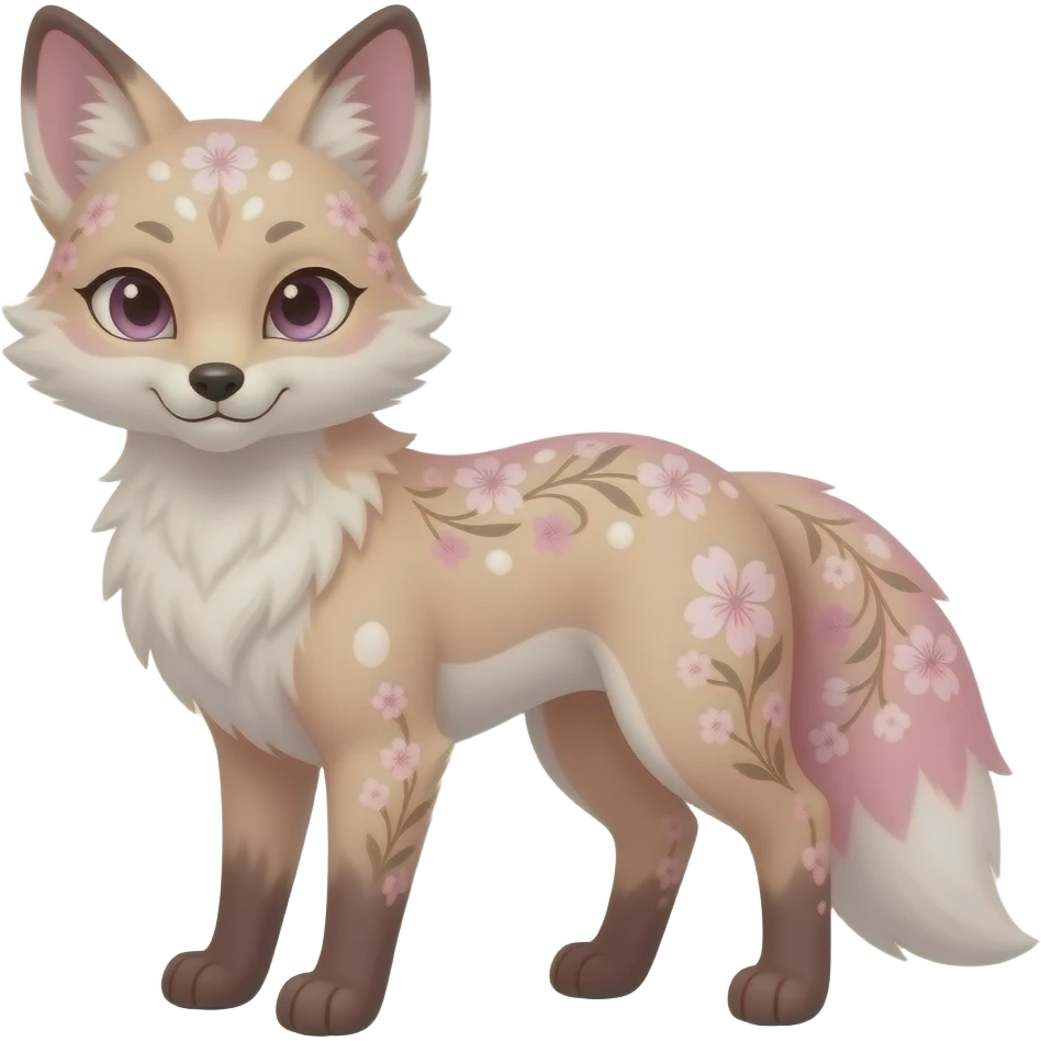 Realistic pretty elegant sophisticated soft beautiful Anthropomorphic digitigrade Pastel beige and pastel Sakura-pink fox furry-Falvie-Fionbri-fursona with floral swirly markings and white spot markings, 2 legs, modern, sophisticated emoji