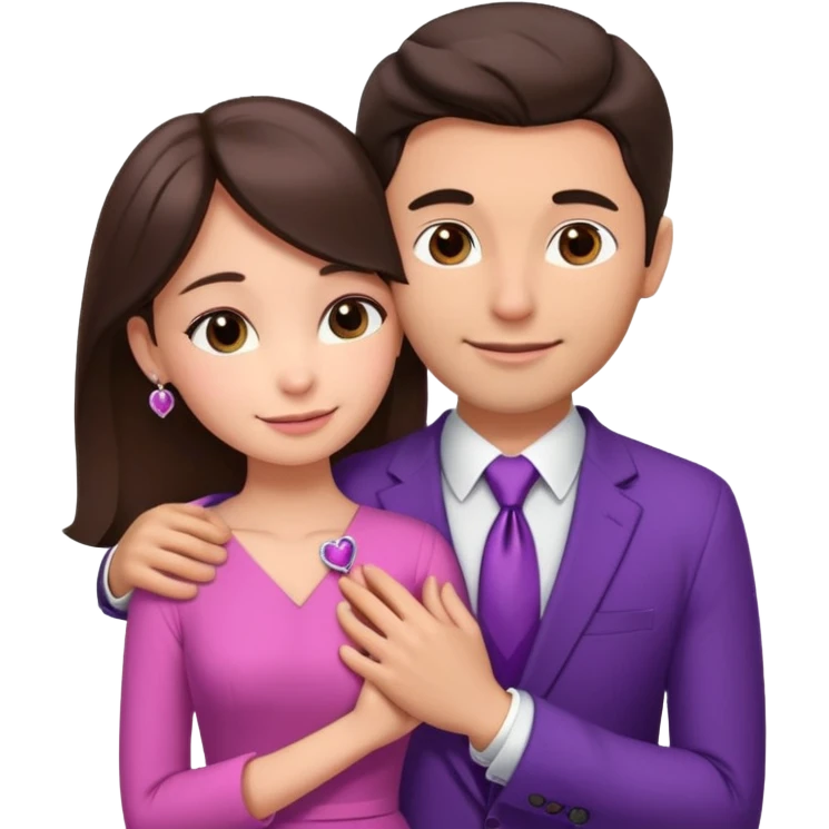 Brunette girl, with an engagement ring on her finger hugging a handsome man, (her boyfriend) both of them happy, she’s wearing a pink dress, he is wearing a suit, he’s also a rich businessman, and there is the 💜 purple heart emoji on top. They look in love with each other emoji