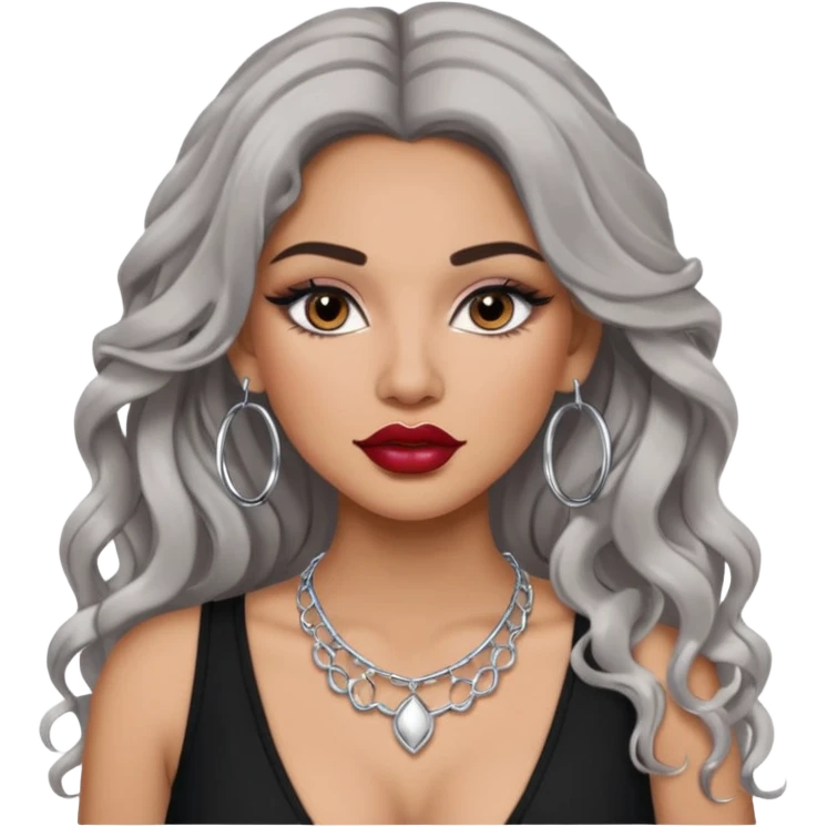 Latina makyaj olsun, düz fiyatlar, halka küpeler büyük gümüş renginde olsun, kolye taksın gümüş renginde. Günümğzdeki latina girl ler gibi olsun saçı uzun olsun. crop olmasın baddy giyisin. makyaj bol olsun, dudak kalemi dudağını dolgun yapsın, kirpiği olsun, saçı kaparık olmasın emoji