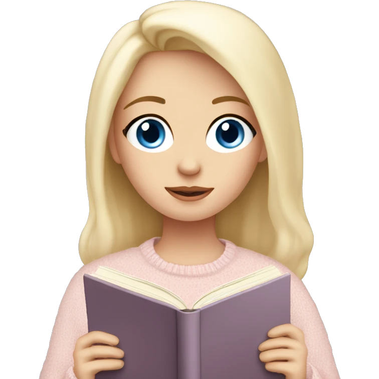 Pretty blue eyed white girl with light pink sweater reading cozy emoji