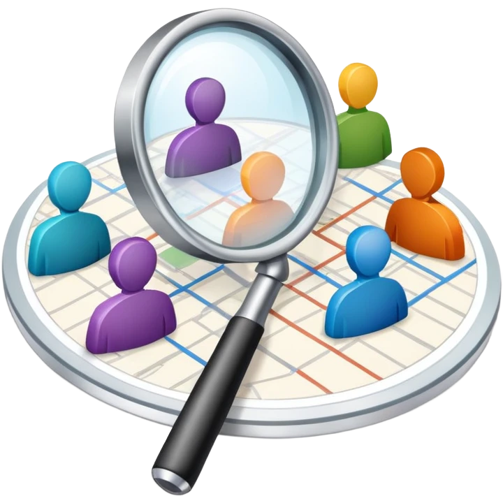 An icon featuring a group of diverse people, a social network diagram, and a magnifying glass, symbolizing sociology. The design includes charts and interconnected lines, representing the study of societies, relationships, and social behavior. Transparent background highlights social analysis. emoji