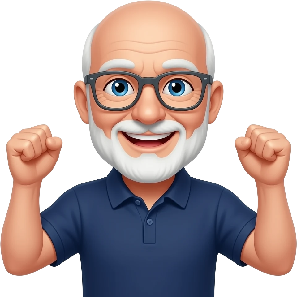 skinny old bald man with white beard with red tint, blue eyes, dark gray glasses, hands up raise the roof, navy polo shirt, smiling emoji