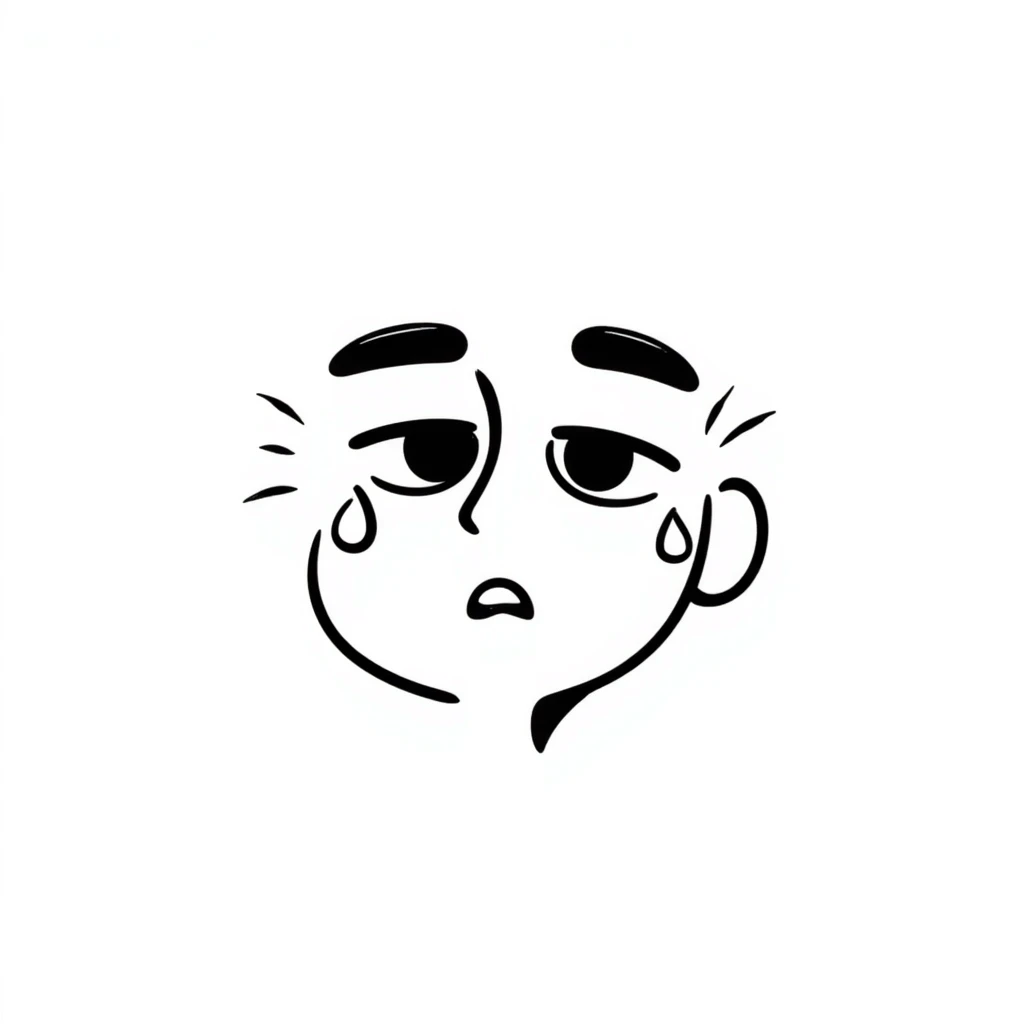 Hand-drawn face with exaggerated sweat drops flying off, stressed expression emoji