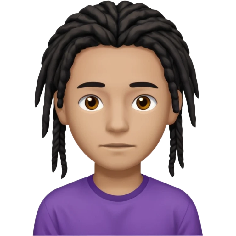 brown teen with black dreads in a middle part with brown eyes and a small faint mustache and purple shirt emoji