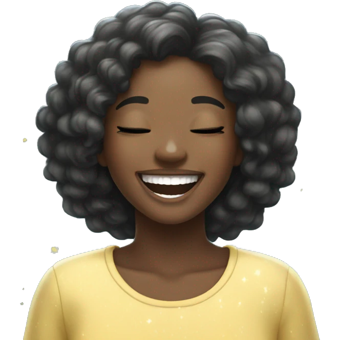 A cute, cheerful black girl laughing, straight hair, and eyes closed in joy, surrounded by light blue sparkles emoji