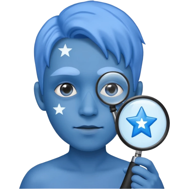 A blue left hand holding a magnifying glass which is showing blue stars emoji