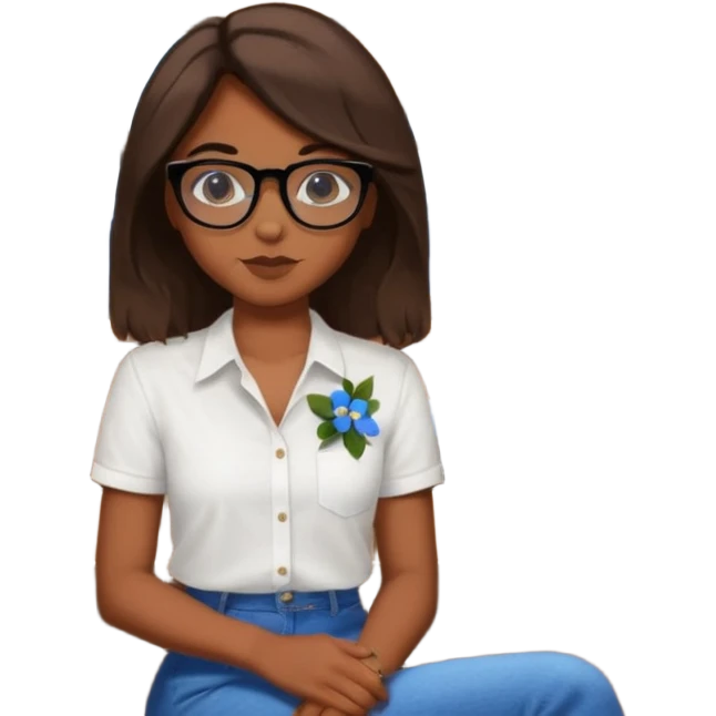 No pero que las florecitas azules estén en la camiseta dibujadasCréame una chica morena de pelo más o menos por los hombros con granitos en la cara y unas gafas negras, que esté sentado en una silla de bar con una camisa blanca con florecitas azules emoji