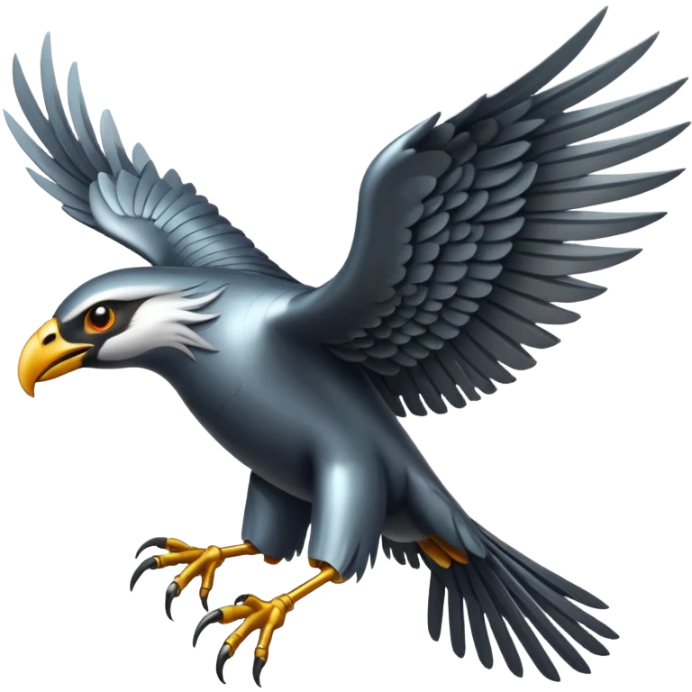 Emoji-style icon of a large metallic predatory bird flying, sharp wings, steel texture, dramatic pose, dark background emoji