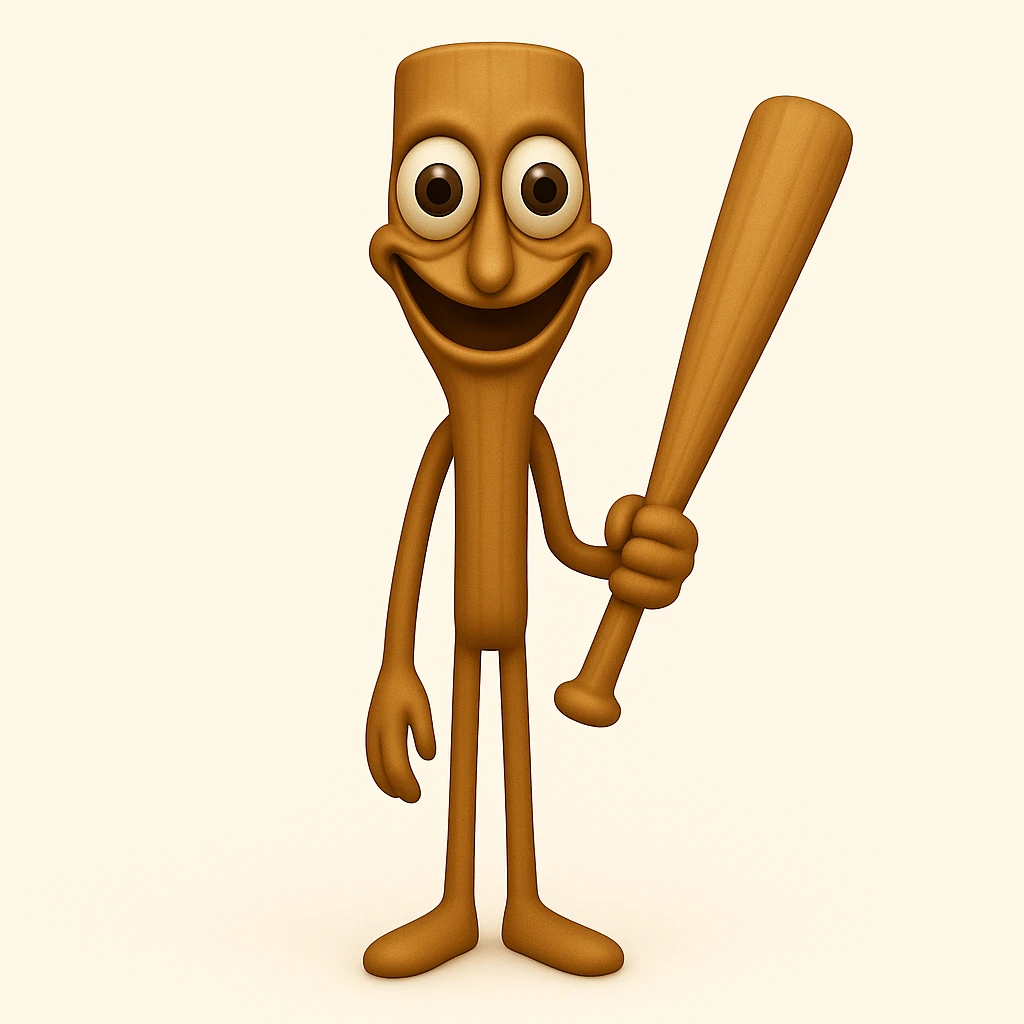Make the stump character much skinnier and longer, with a face that is even creepier—large, wide, staring eyes and an exaggerated unsettling smile, closely matching the new reference image. Keep arms and legs, holding a baseball bat. Render in emoji style. emoji