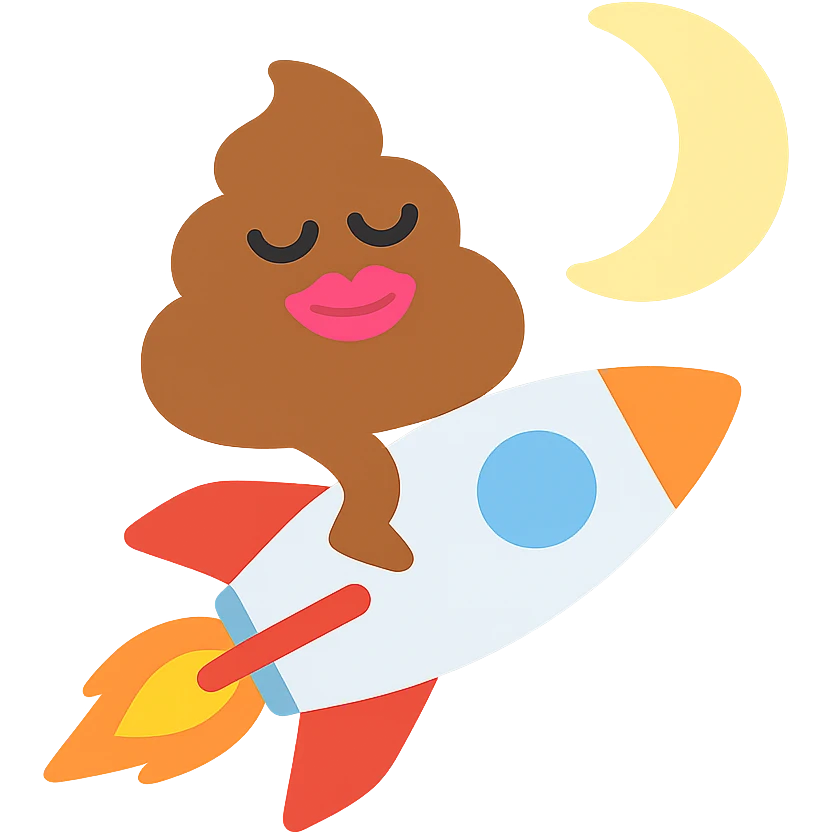 cartoon turd with lipstick sitting on a rocket flying toward the moon, colorful icon emoji