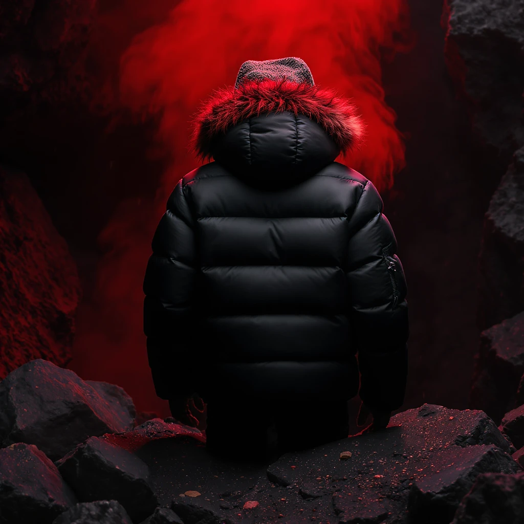 cinematic still of a black puffer jacket around black stone with red coal temeperature environment, back red light emoji
