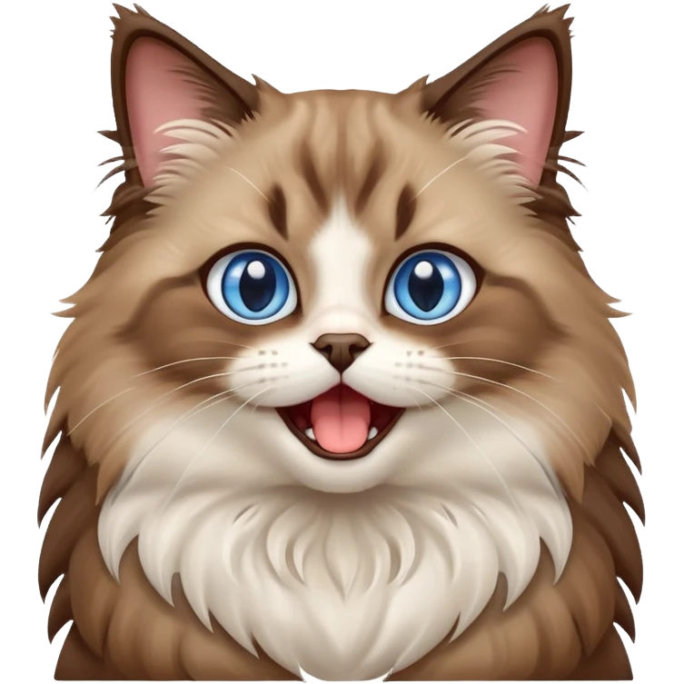 cinematic-adorable-big-eyed-fluffy-brown ragdoll-cat-portrait-emoji,-head-tilted-playfully-with-a-cute,-yawn,-white and brwon fur,-simplified-yet-irresistibly-cute-features, blue eyes emoji