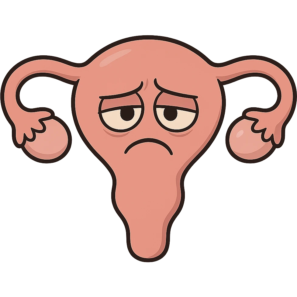 a uterus character with downturned eyes and frown, subtle shading, minimal background, friendly and relatable emoji