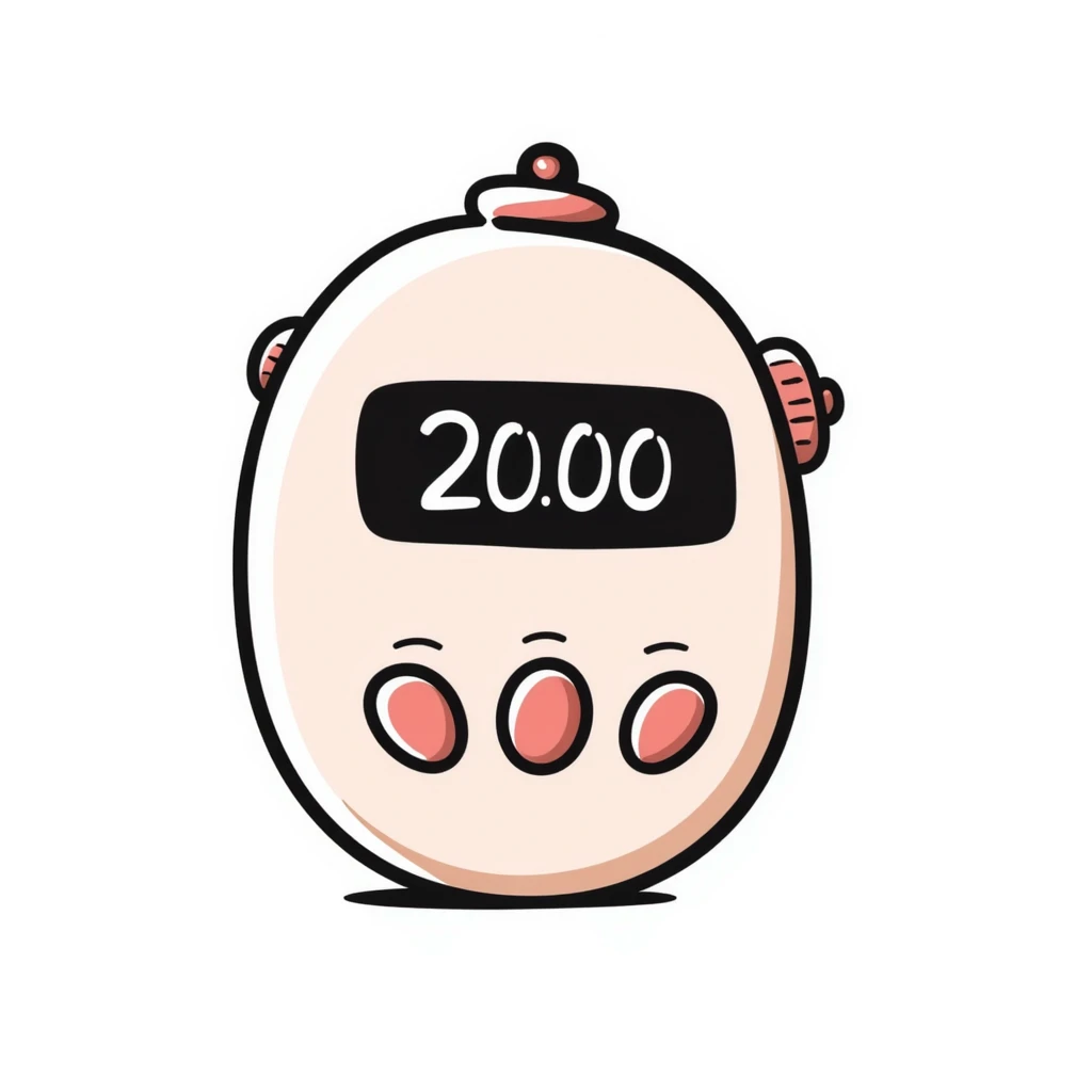A gym interval timer/stopwatch with display and buttons in pastel colors (dd9fb0, ffc6d3, a3bfc9, c4bee2, f1b091), hand-drawn doodle style emoji