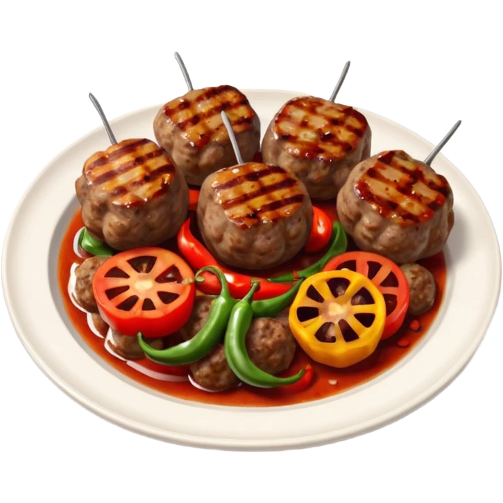 Akçaabat meatballs object icon, grilled Turkish kofte pieces on a plate, smoky char marks, juicy texture, served with grilled peppers and tomatoes, 3D cartoon, mobile game icon style, centered, clean background, no text, no watermark
 emoji