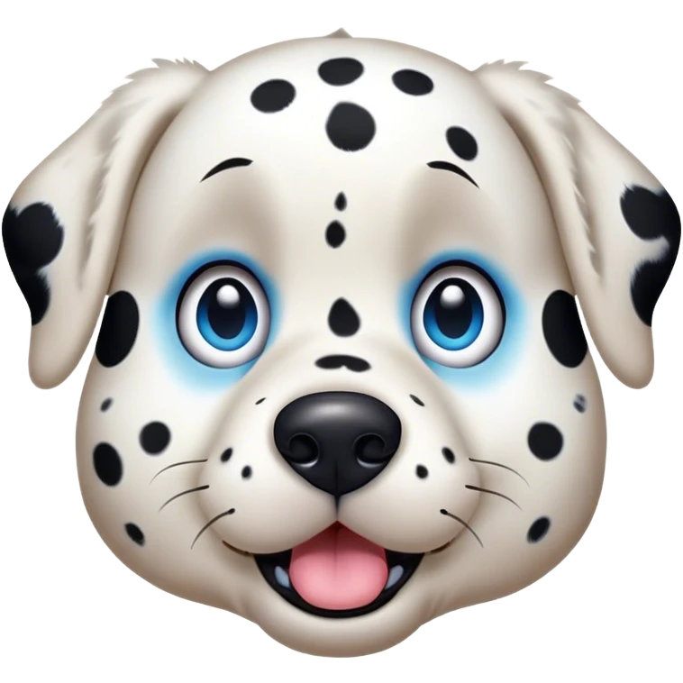 Cinematic Comical Spotted Dalmatian Portrait Emoji, Head tilted dramatically with an exaggeratedly shocked or amused expression, featuring a striking Fur of predominantly white with vivid black patches, wide, expressive blue eyes filled with playful disbelief, Simplified yet hilariously expressive features, highly detailed, glowing with a slightly sassy glow, high shine, dramatic yet playful, stylized with an air of cheeky charm, bright and endearing, soft glowing outline, capturing the essence of a spirited and over-the-top guardian, so meme-worthy it feels like it could side-eye its way into internet fame instantly! emoji