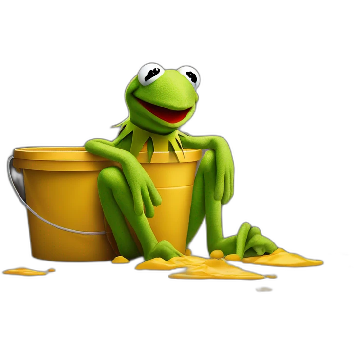 Sa kermit, sitting on the ground against a wall, holding a bucket in his hands with theses flowing into the bucket  emoji