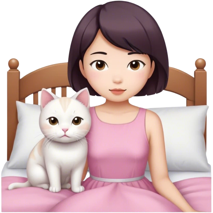 Short hair Asian girl wake up with white cat in pink dress  emoji