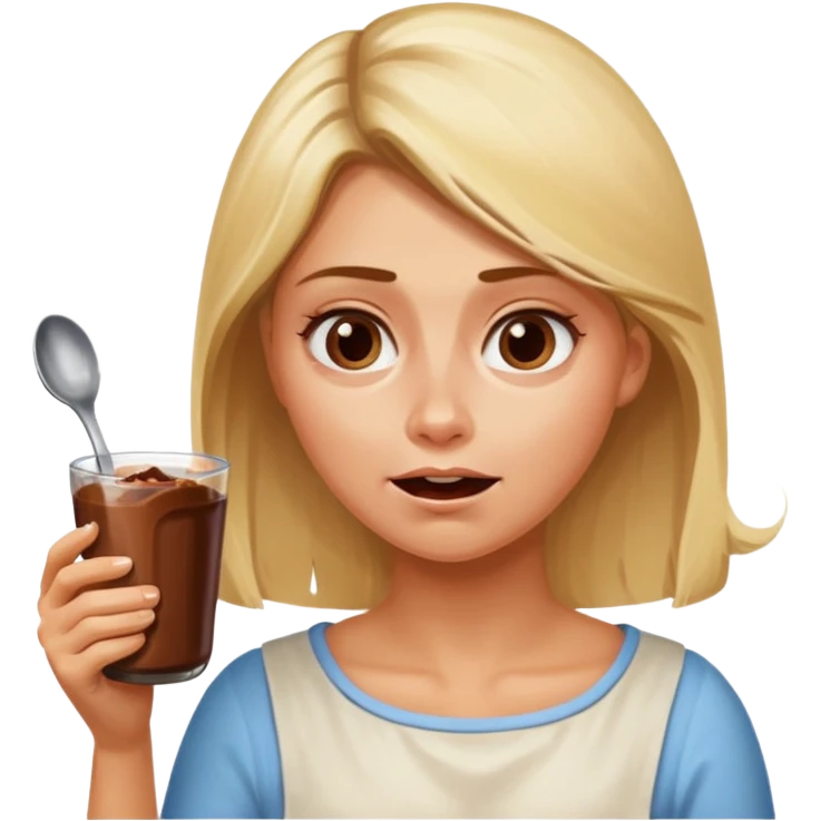 Nutella with a spoon. The glas of Nutella is almost empty . Only the one carriage of Nutella. Next to the Nutella is the head of a blond woman who is desperate to eat the Nutella  emoji