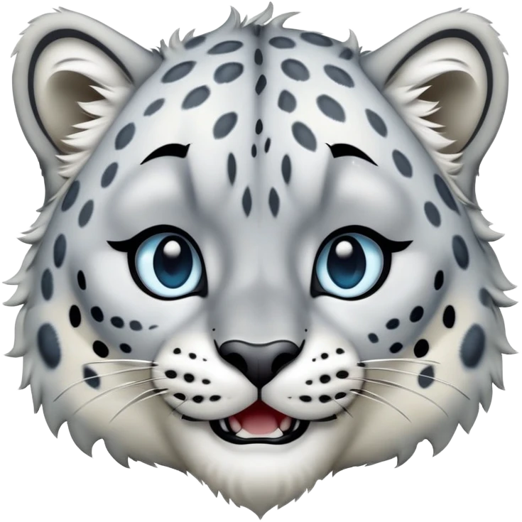 Cinematic-Comical-Snow-Leopard-Portrait-Emoji – Head tilted dramatically with an exaggeratedly amused expression, featuring a thick, spotted white-and-grey coat with a dense ruff around the neck, wide, piercing icy blue eyes filled with playful disbelief. emoji