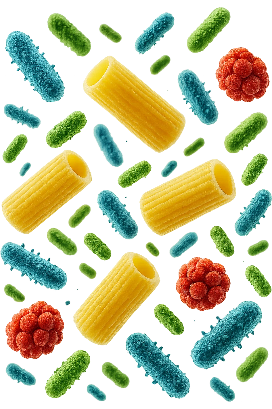 SEI BATTERI intestinALI FLUTTUANO IN ARIA CON PENNE DI PASTA RIGATE, IPERREALISTICO 4K emoji