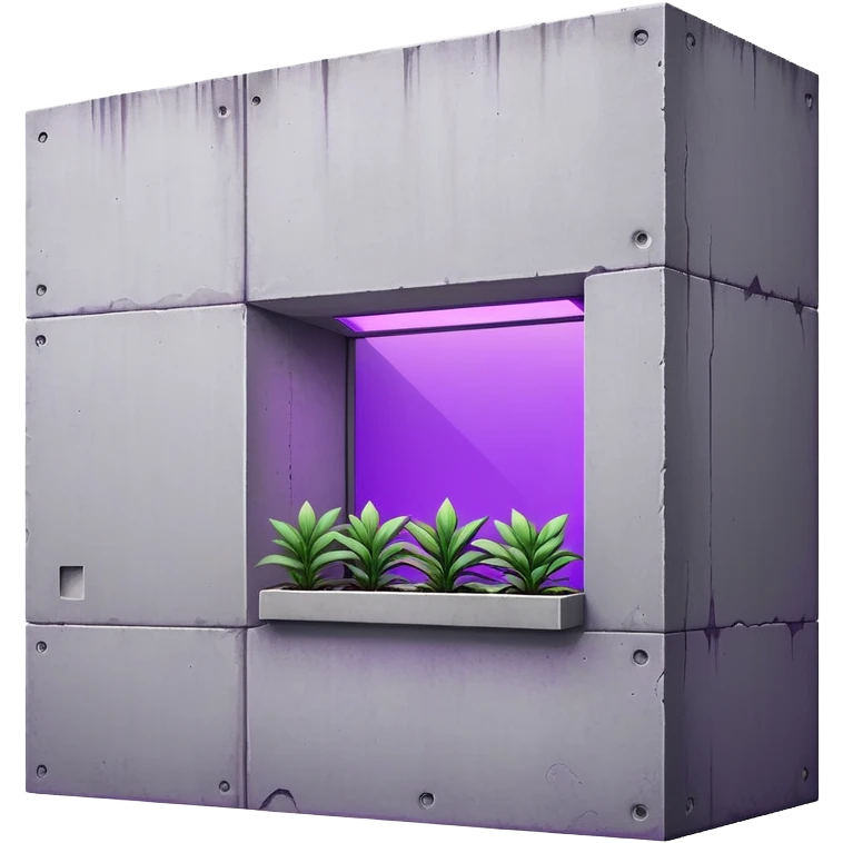 Minimalist gray concrete panel building, slight ghetto vibe, one window with bright purple ultraviolet light for growing plants, simple rectangular shape, stark and bare emoji