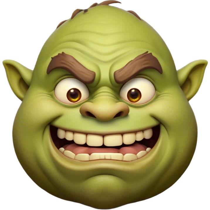 Cinematic Comical Ogre Portrait Emoji, with a strikingly exaggerated, bulky figure in vivid earthy greens and browns, head tilted in a dramatically surprised expression with wide, comically bulging eyes and a goofy, oversized grin, simplified yet hilariously exaggerated, highly detailed with a soft, cartoonish glowing outline capturing the playful absurdity of a meme-worthy ogre! emoji