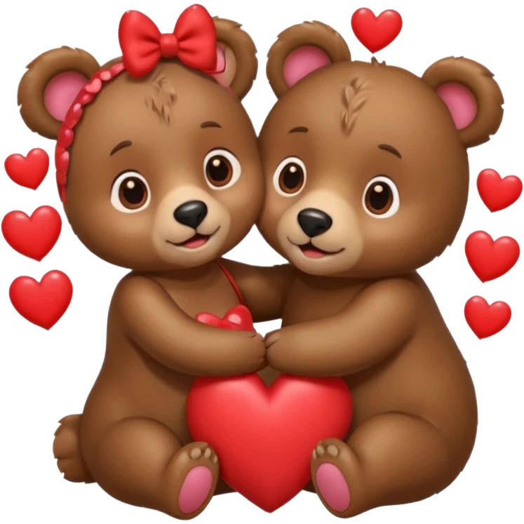 female bear with bow on her head and male bear hugging, couple, surrounded by hearts, playful and loving, cute emoji