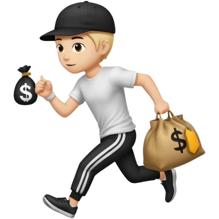 Thief with black cap white t-shirt with black tripes all ower the shirt emoji runing with money bag emoji