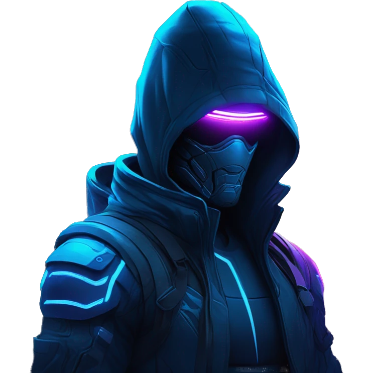 Hacker behind his laptop with this style : crysis Cyberpunk Valorant neon glowing bright blue character blue black hooded assassin themed character emoji