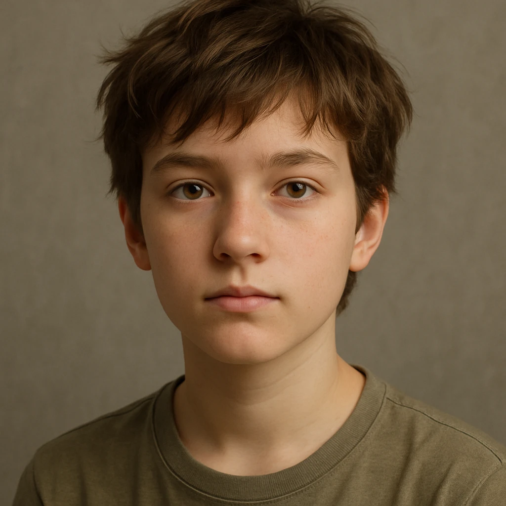 3D illustration of a young person with short tousled brown hair, light skin, neutral expression, realistic and detailed style, inspired by the reference image emoji