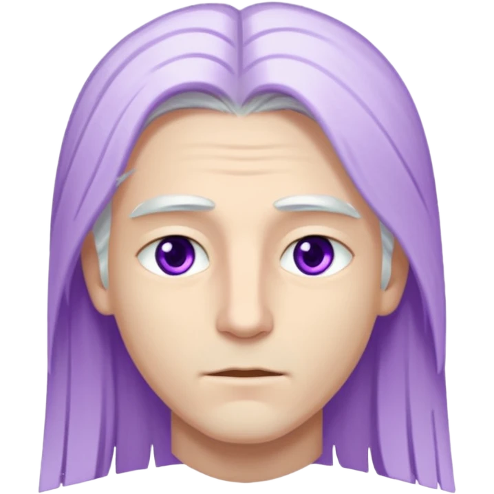 Beyaz uzun ve düz saçları olan,mor göz rengi olan, bembeyaz tenli bir erkek,genç,gözleri hafif çekik ve saçları da teni de bembeyaz olacak,genç olacak,kırışıklığı olmayacak,gözleri çekik ve mor renk olacak emoji