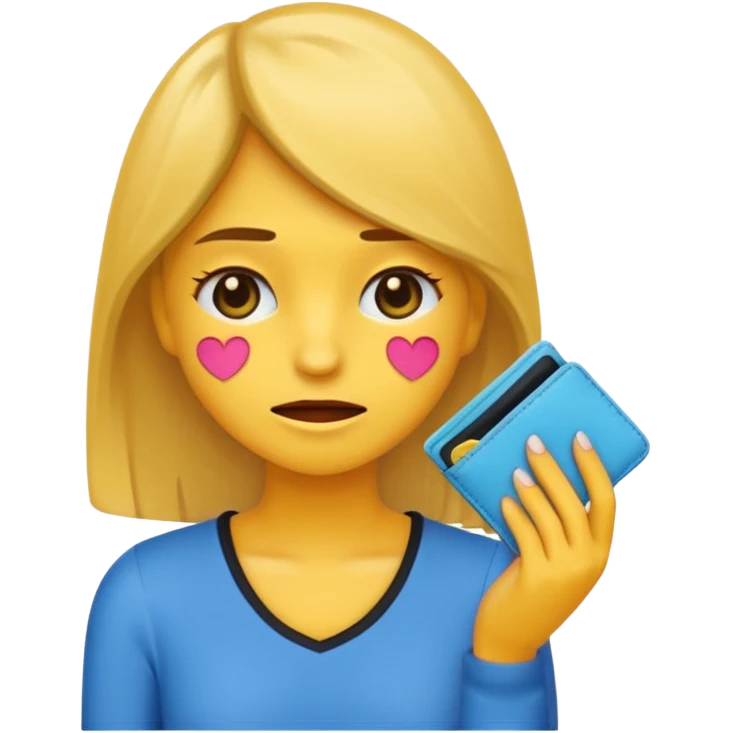 Emoji de una chica joven mostrando que no tiene dinero, sosteniendo una billetera vacía, expresión preocupada o triste, estilo emoji moderno y minimalista, colores planos, líneas limpias, fondo transparente. emoji
