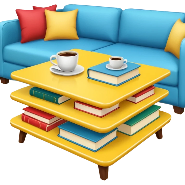 yellow coffe table, coffee on top, books under table
 emoji
